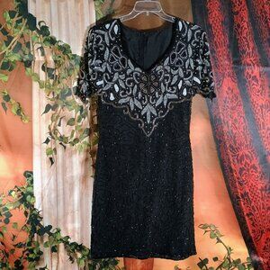 Vintage Laurence Kazar Black Beaded Sequin Formal Cocktail Dress Size See Desc